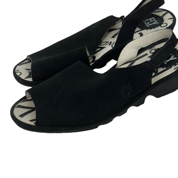 Fly London Womens Palp Black Nobuck Leather Peep-Toe Wedge Sandals SZ 40 - Picture 11 of 13